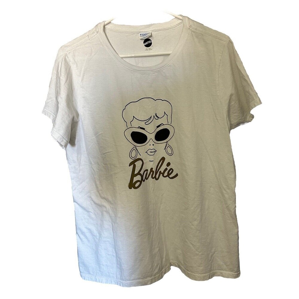 Mattel 2019 Barbie Women's White Tee Shirt Size L  Black and Gold